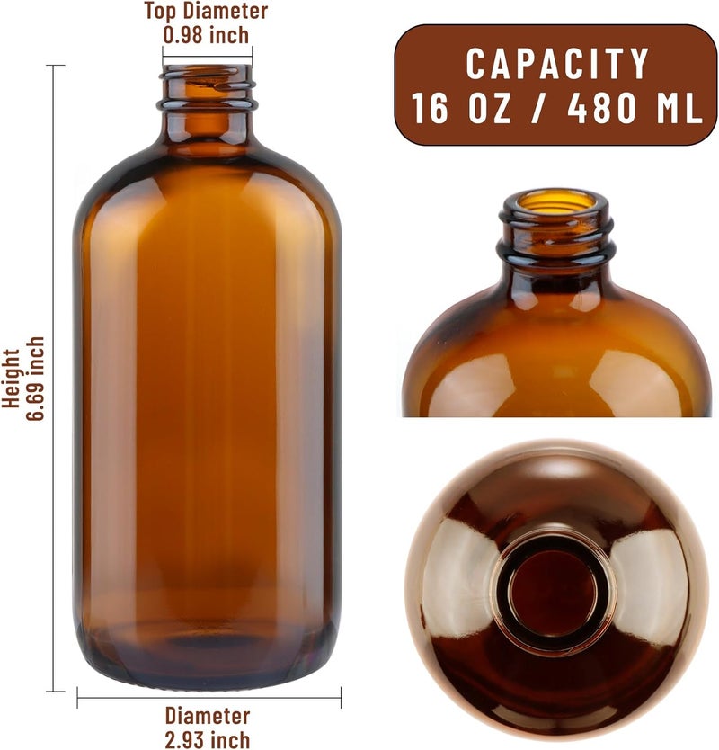 PINIWON 12 Pack 16 oz Amber Glass Bottles, Boston Round Sample Bottles with Black Poly Cone Caps, Labels and Funnels - Image 2